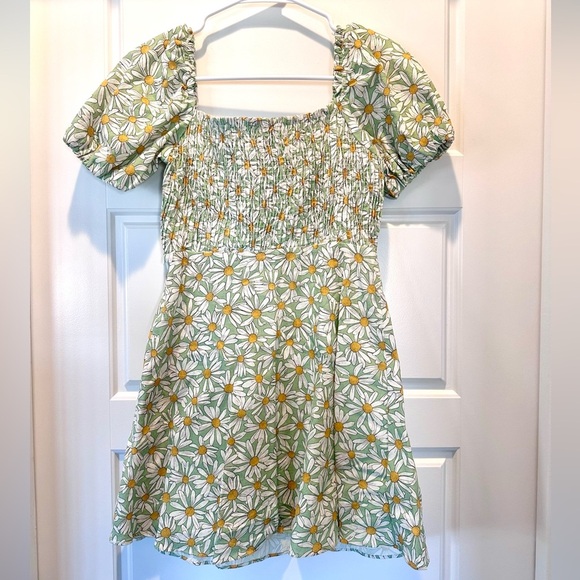 Zara Women's Linen Blend Green Square Neck Sunflower Mini Dress Size XS - Picture 4 of 5